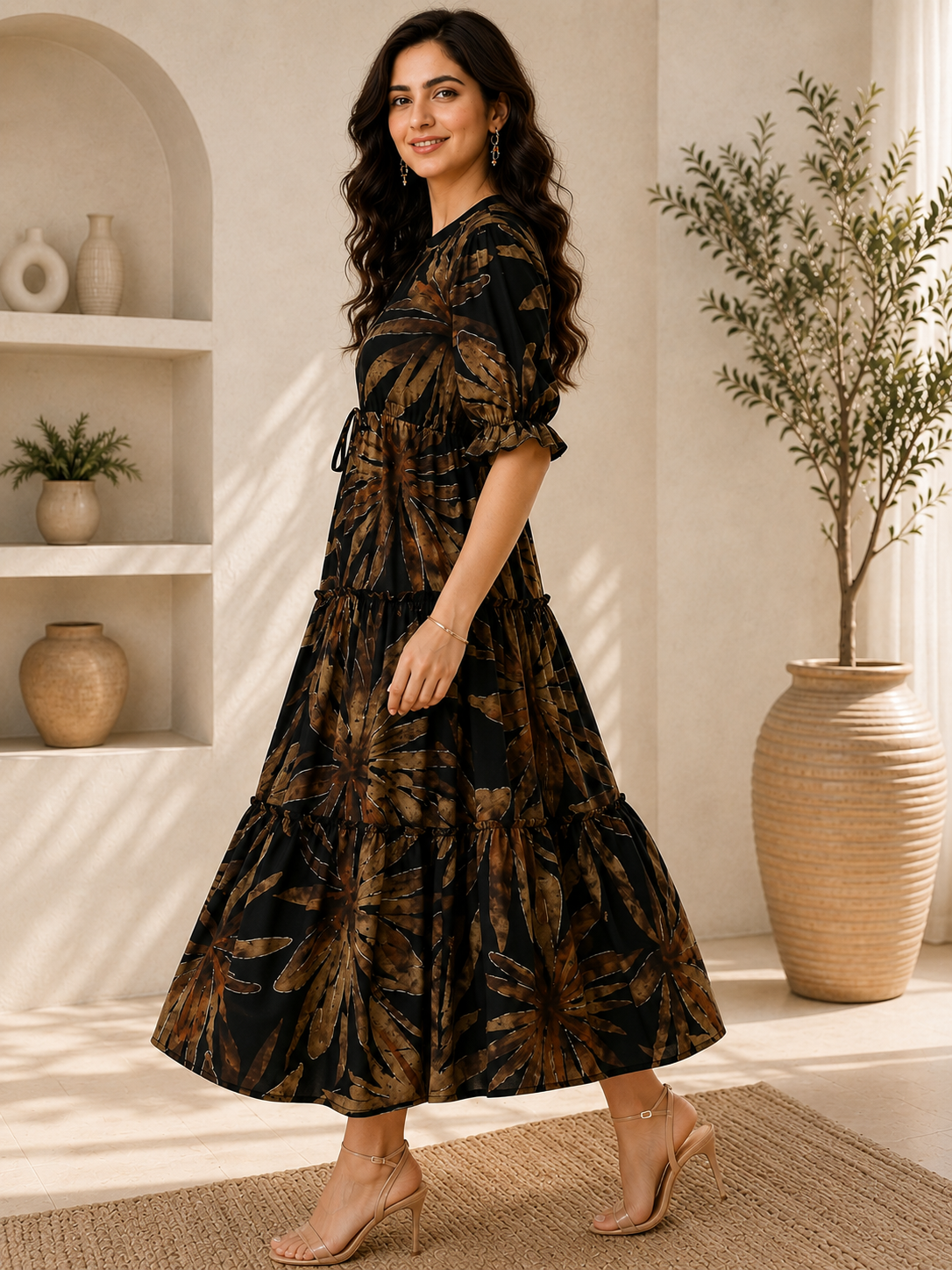 Black Floral Printed Premium Chanderi Dress for Women | Claura