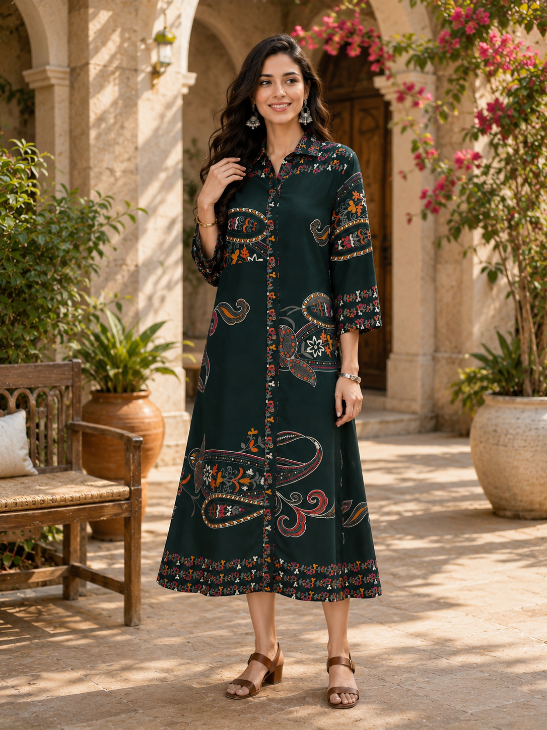 Green Chanderi Silk Floral Casual Dress | Claura