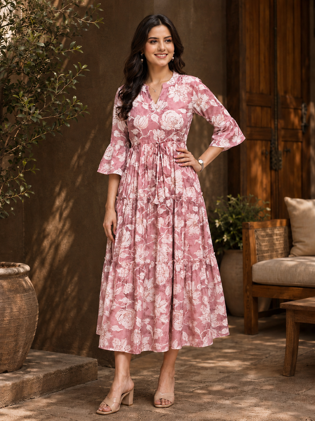 Pink Chanderi Floral Traditional Dress for Women | Claura