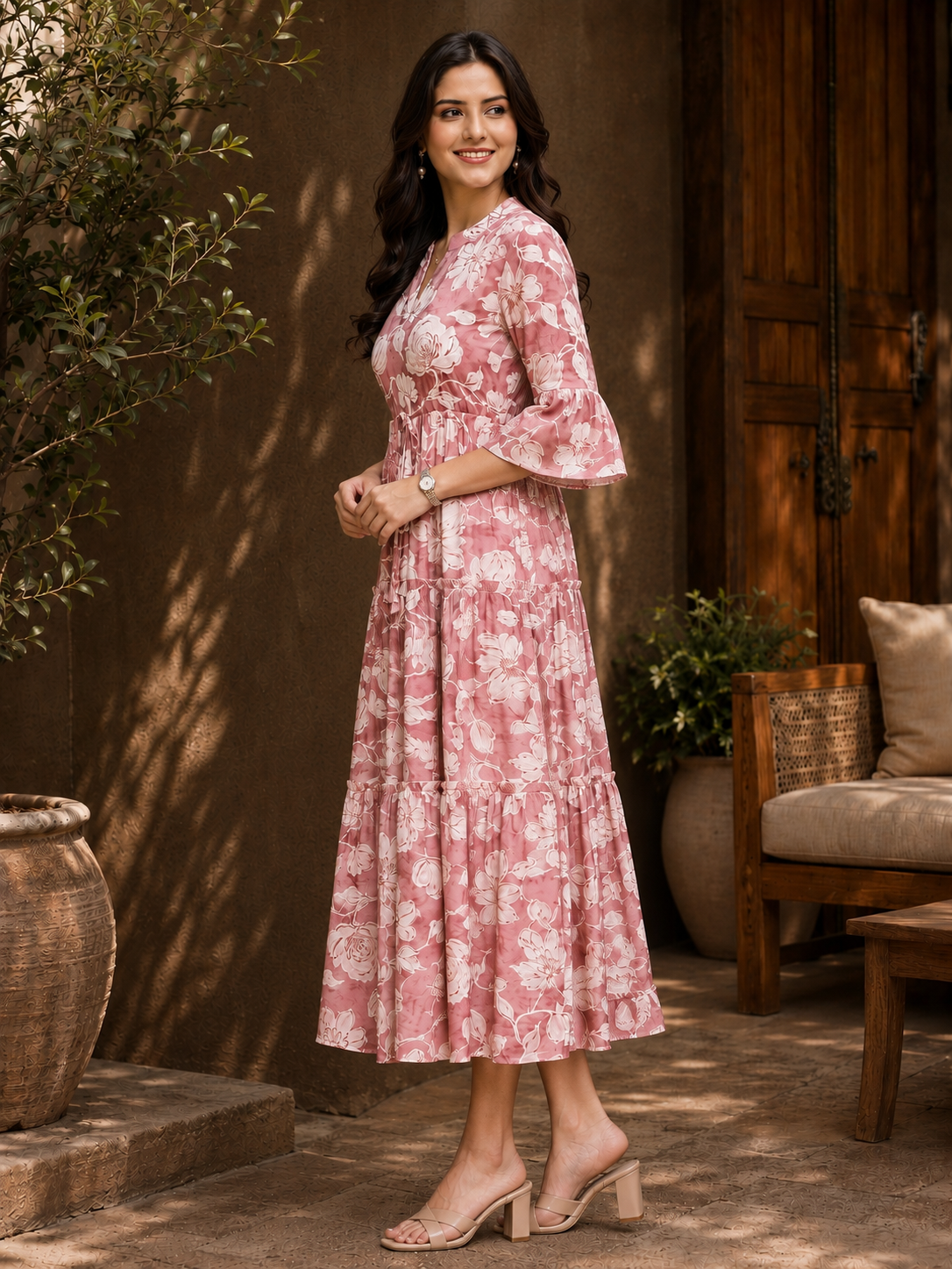 Pink Chanderi Floral Traditional Dress for Women | Claura