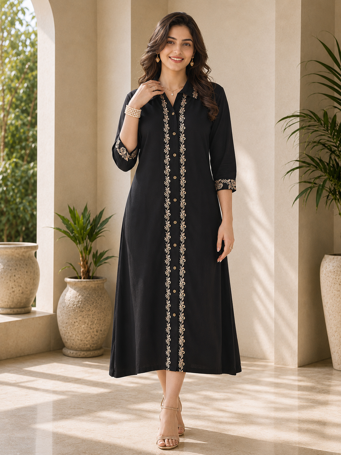 Black Viscose Rayon Embroidered Printed Dress for Women | Claura