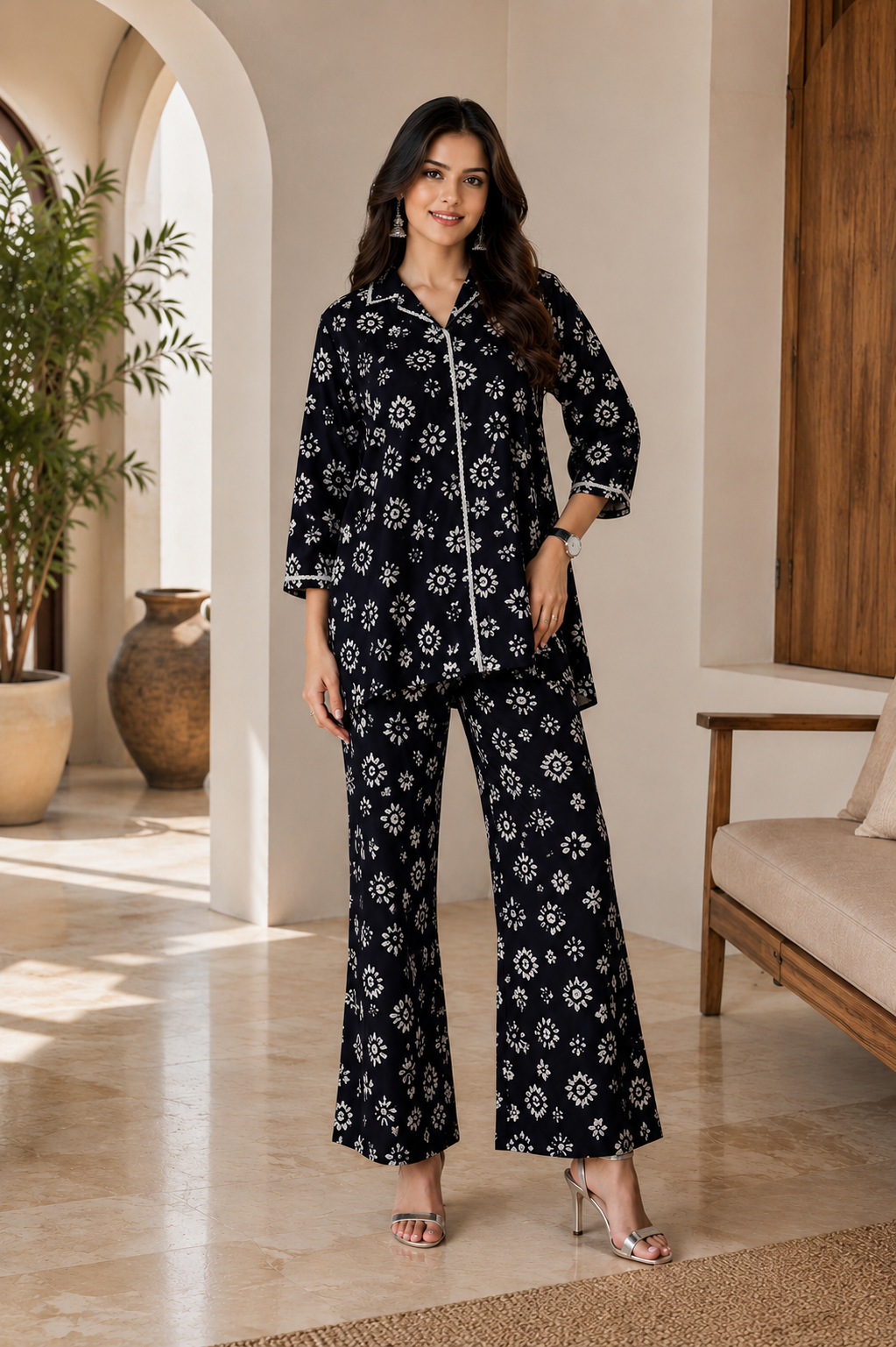 Navy Blue Floral Printed Chanderi Silk Co-Ord Women