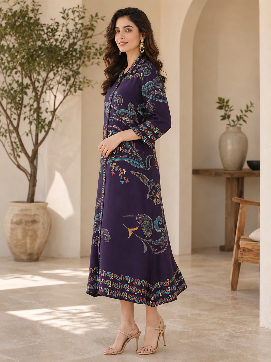 Purple Chanderi Silk Floral Printed Dress for Women | Claura