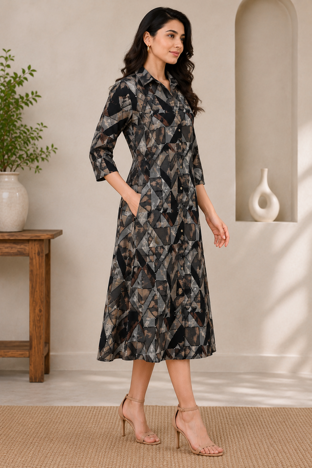 Black Color Abstract Printed Premium Chanderi Ethnic Dress