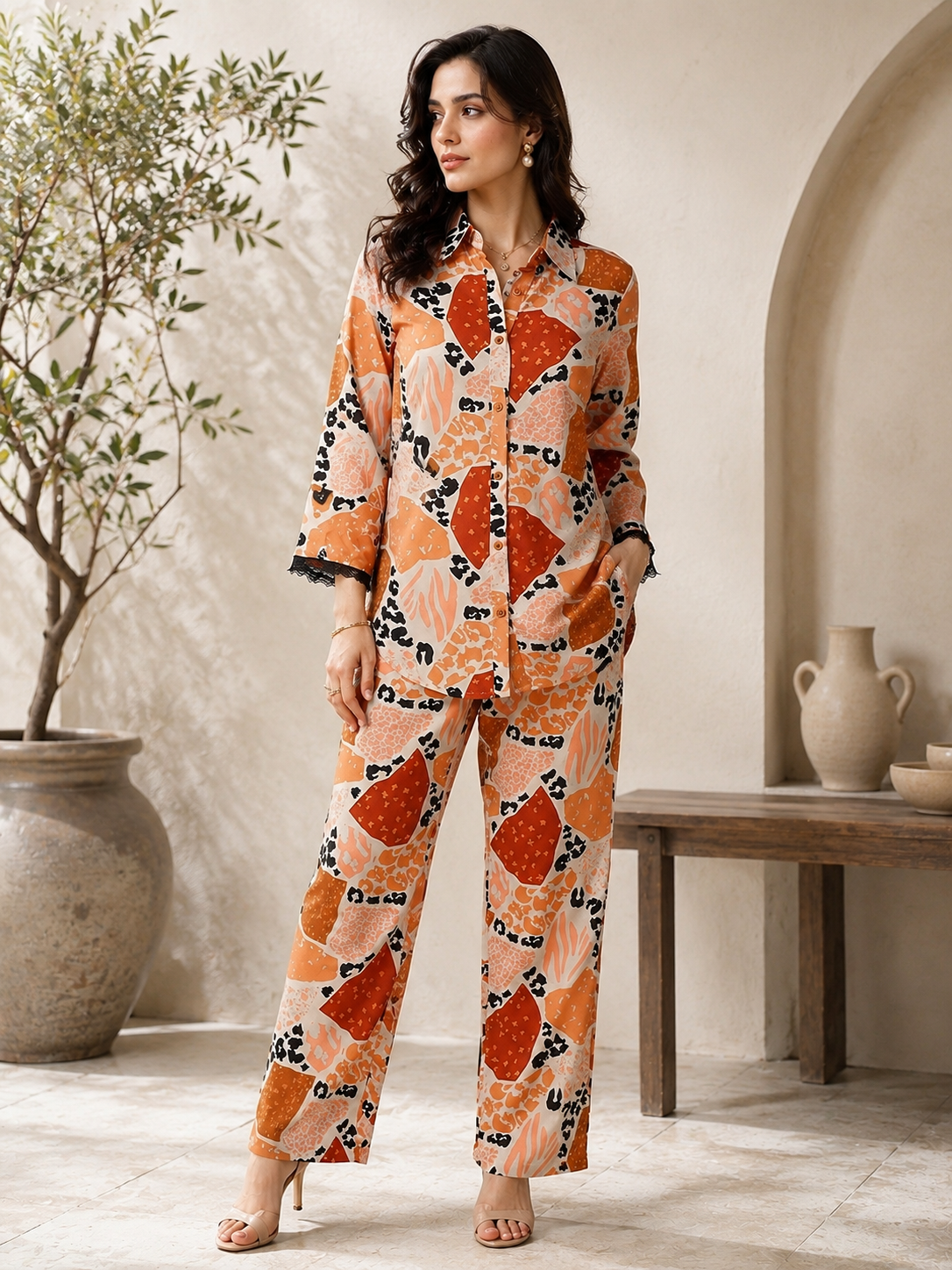 Brown Abstract Viscose Rayon Casual Co-ords Set For Women