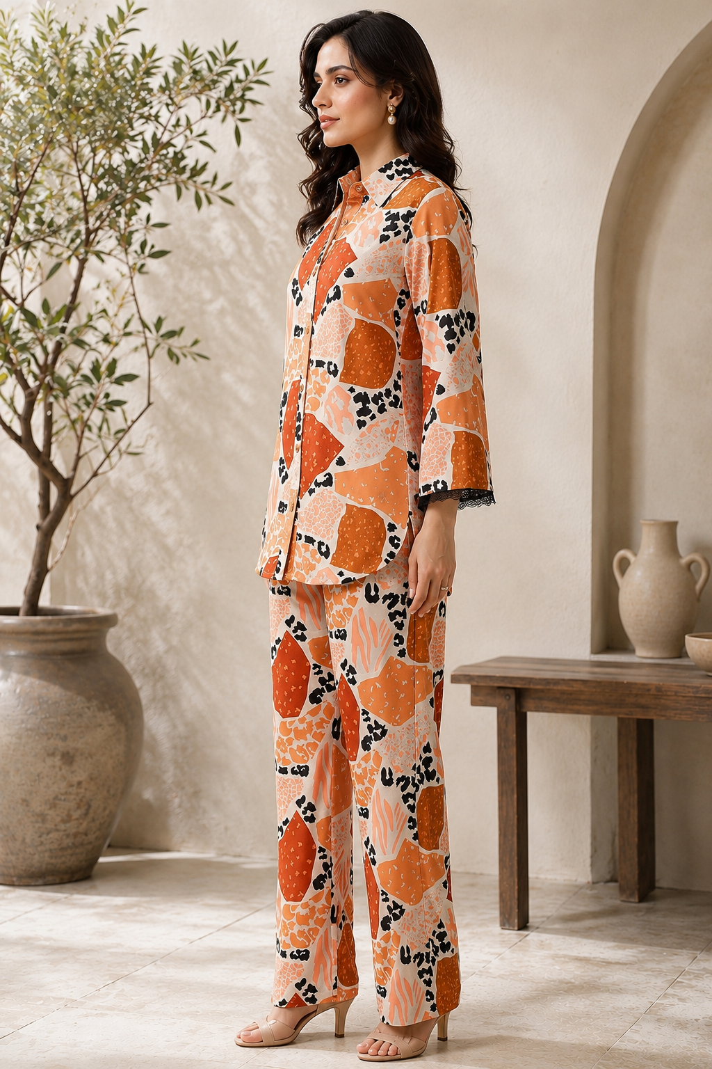 Brown Abstract Viscose Rayon Casual Co-ords Set For Women