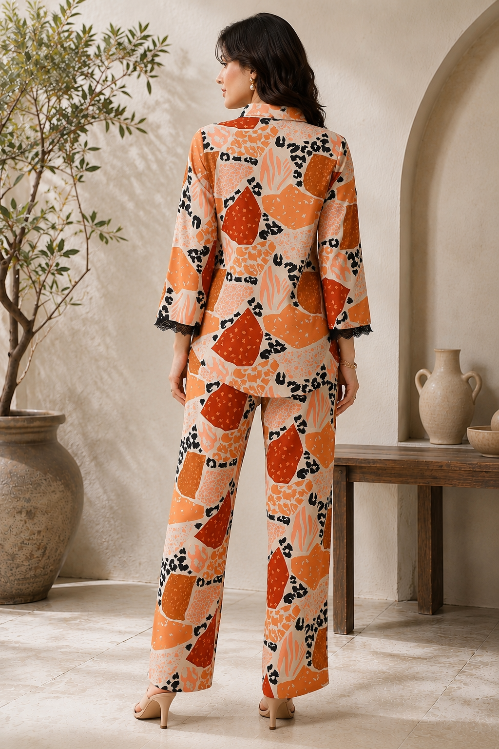 Brown Abstract Viscose Rayon Casual Co-ords Set For Women