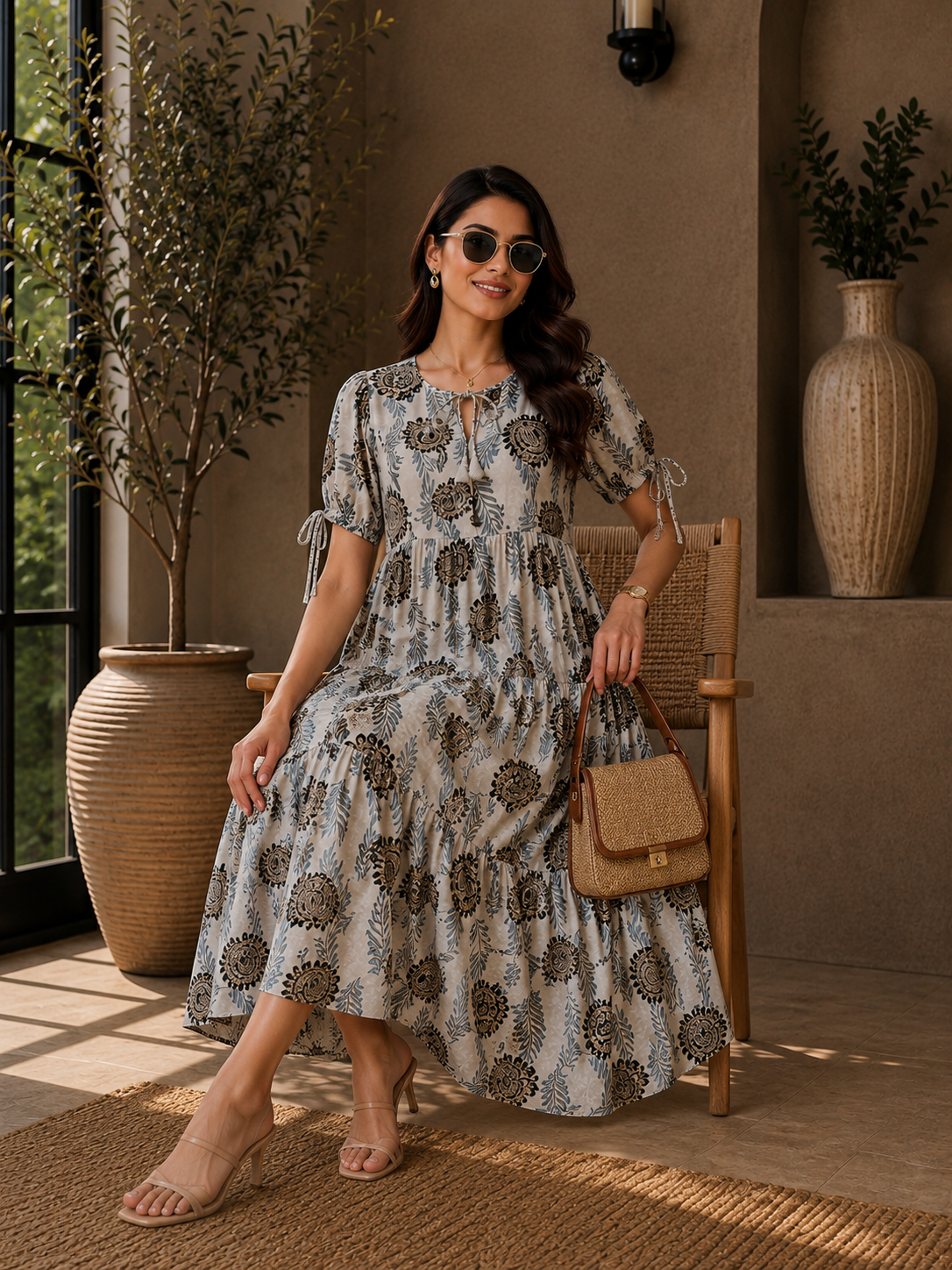 Grey Floral Printed Premium Chanderi Dress for Women | Claura