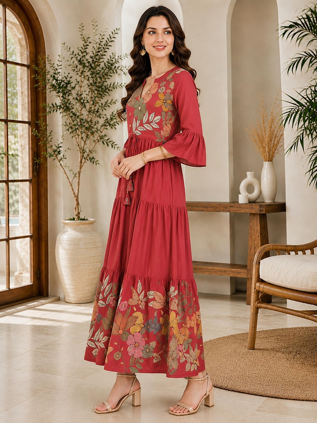 Pink Viscose Rayon Floral Printed Dress for Women | Claura