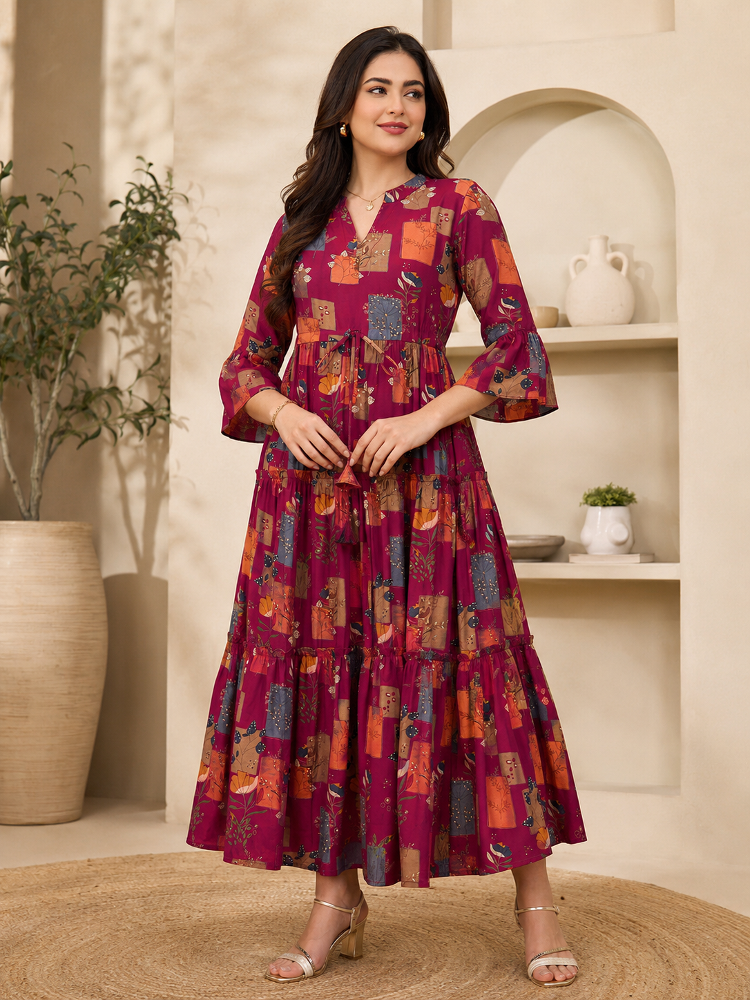 Magenta Color Chanderi Silk Abstract Printed Dress for Women | Claura
