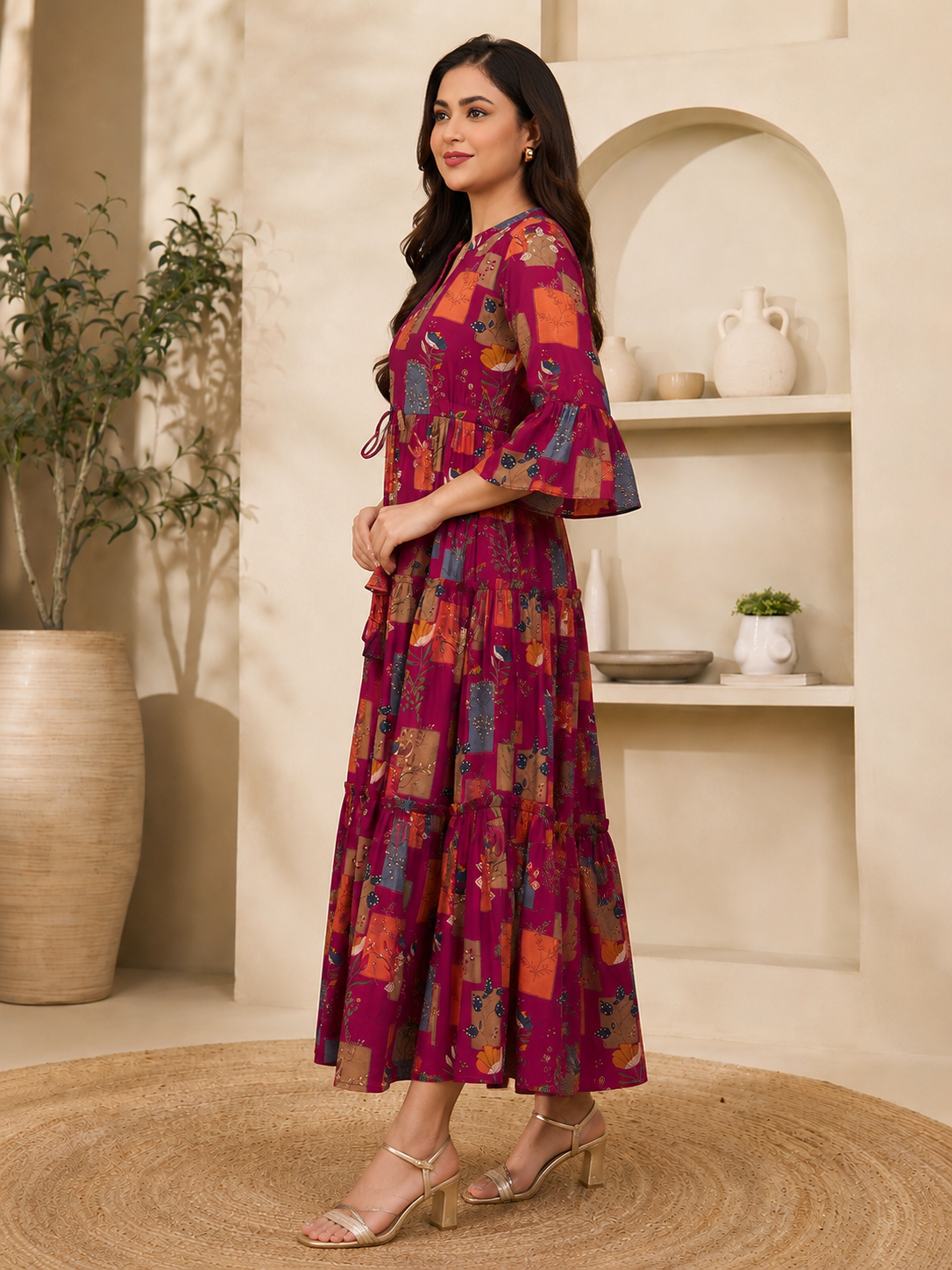 Magenta Color Chanderi Silk Abstract Printed Dress for Women | Claura