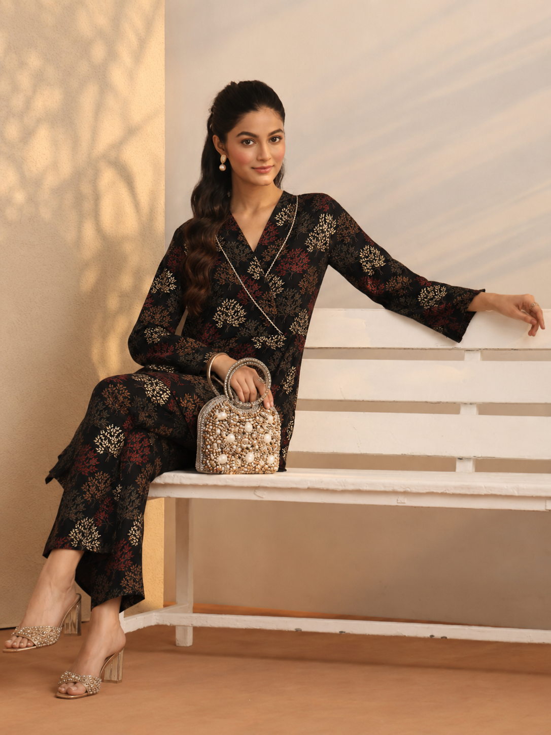 Woman styling Black Abstract co-ord set, lifestyle look, shirt and pants