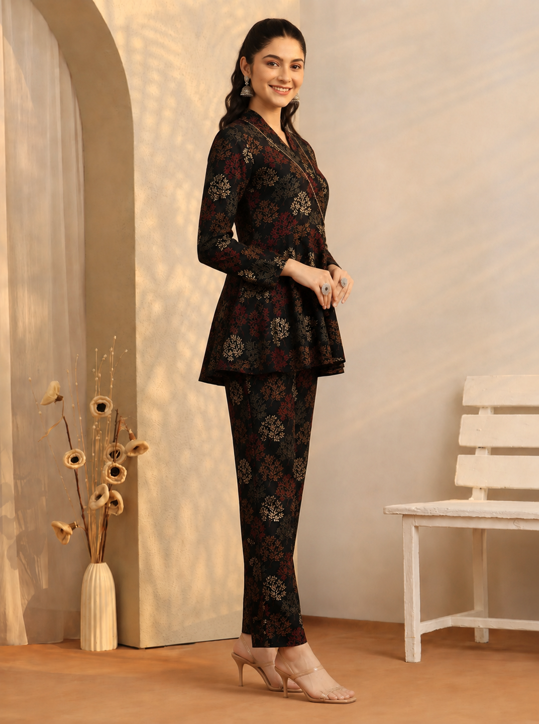 Black Abstract co-ord set for women, shirt and pants, front angle