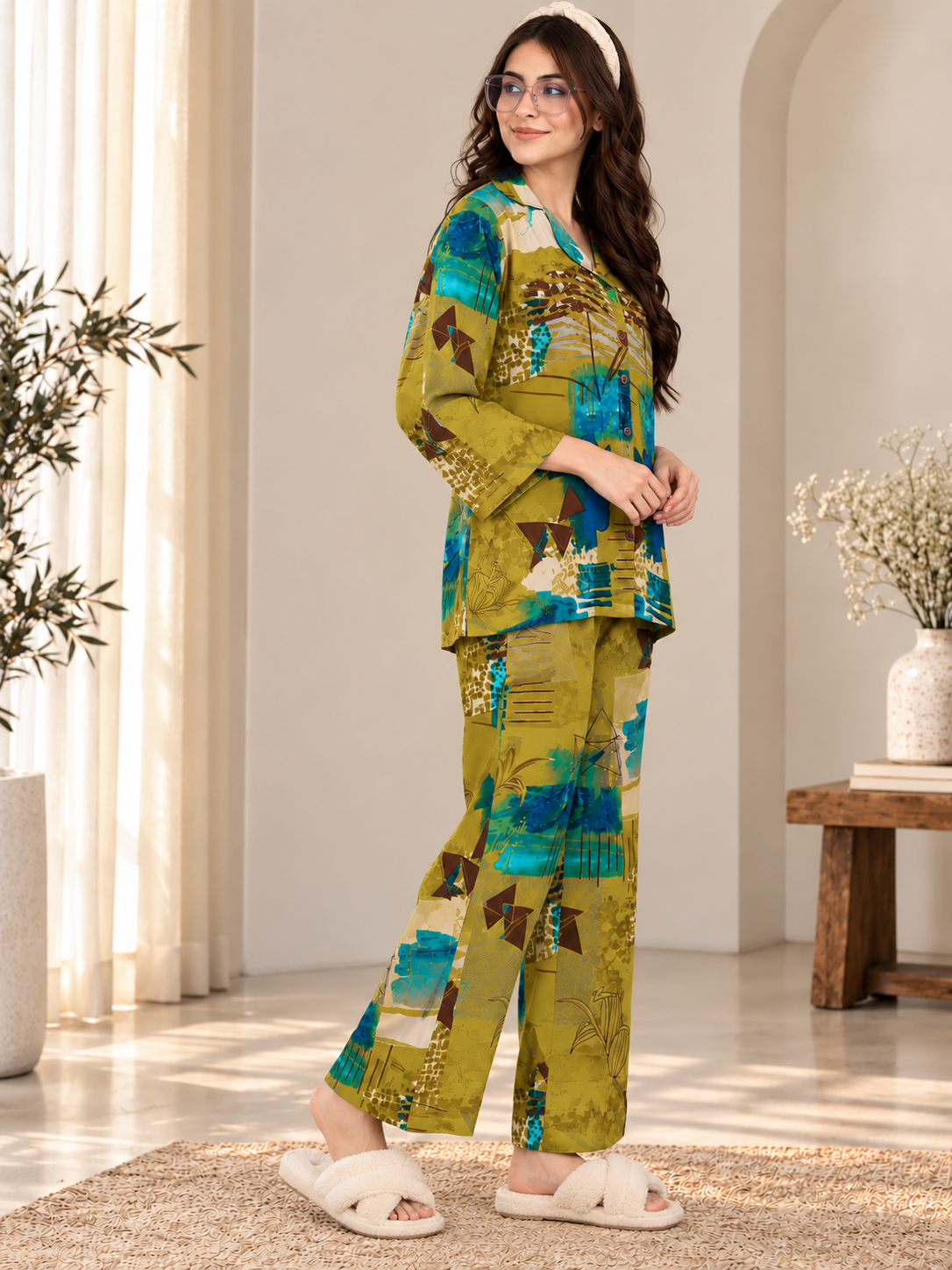 Olive Green Viscose Rayon Full Sleeve Night Suit for Women | Claura