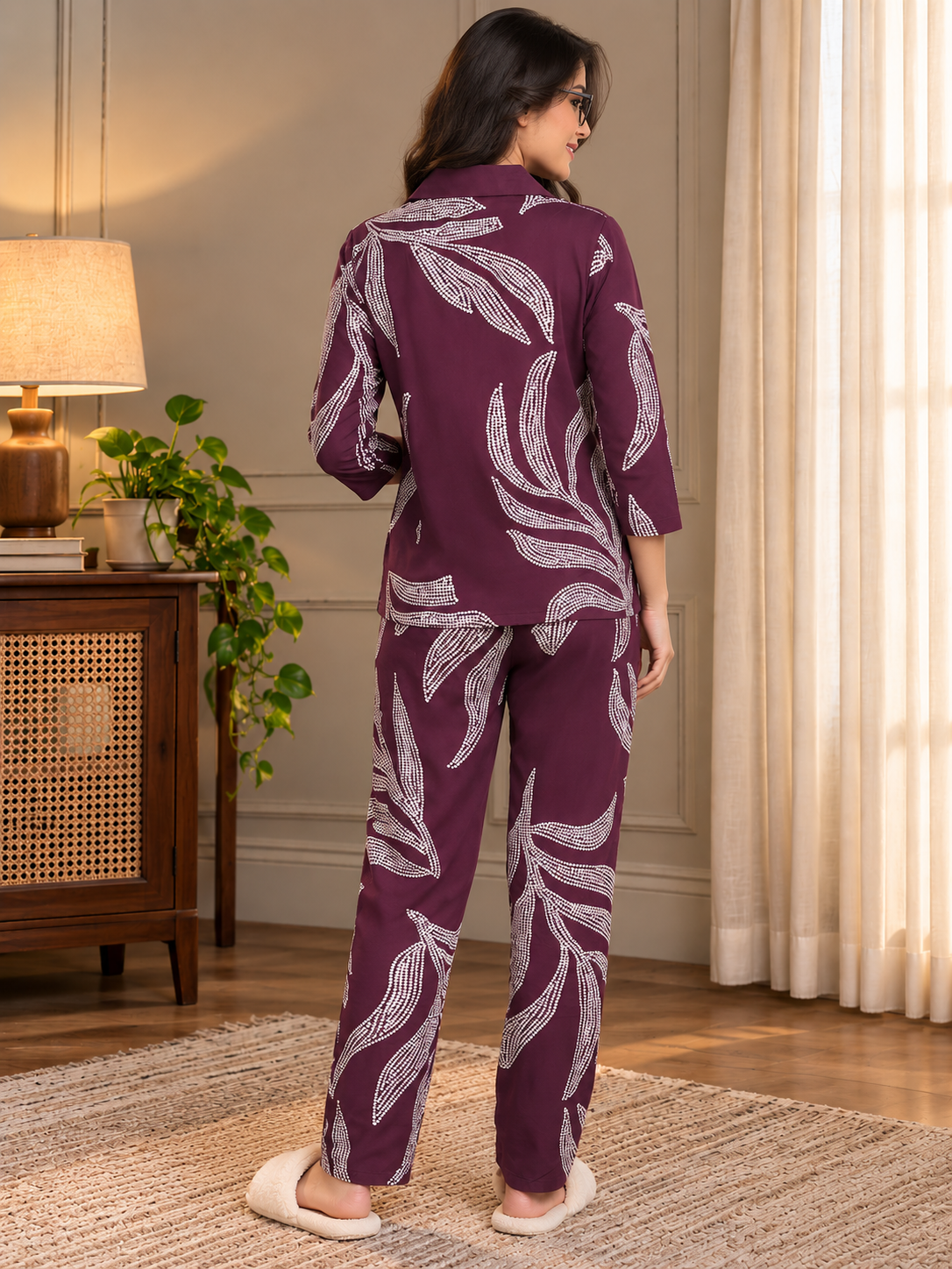 Purple Floral Viscose Rayon Night Suit for Women | Claura