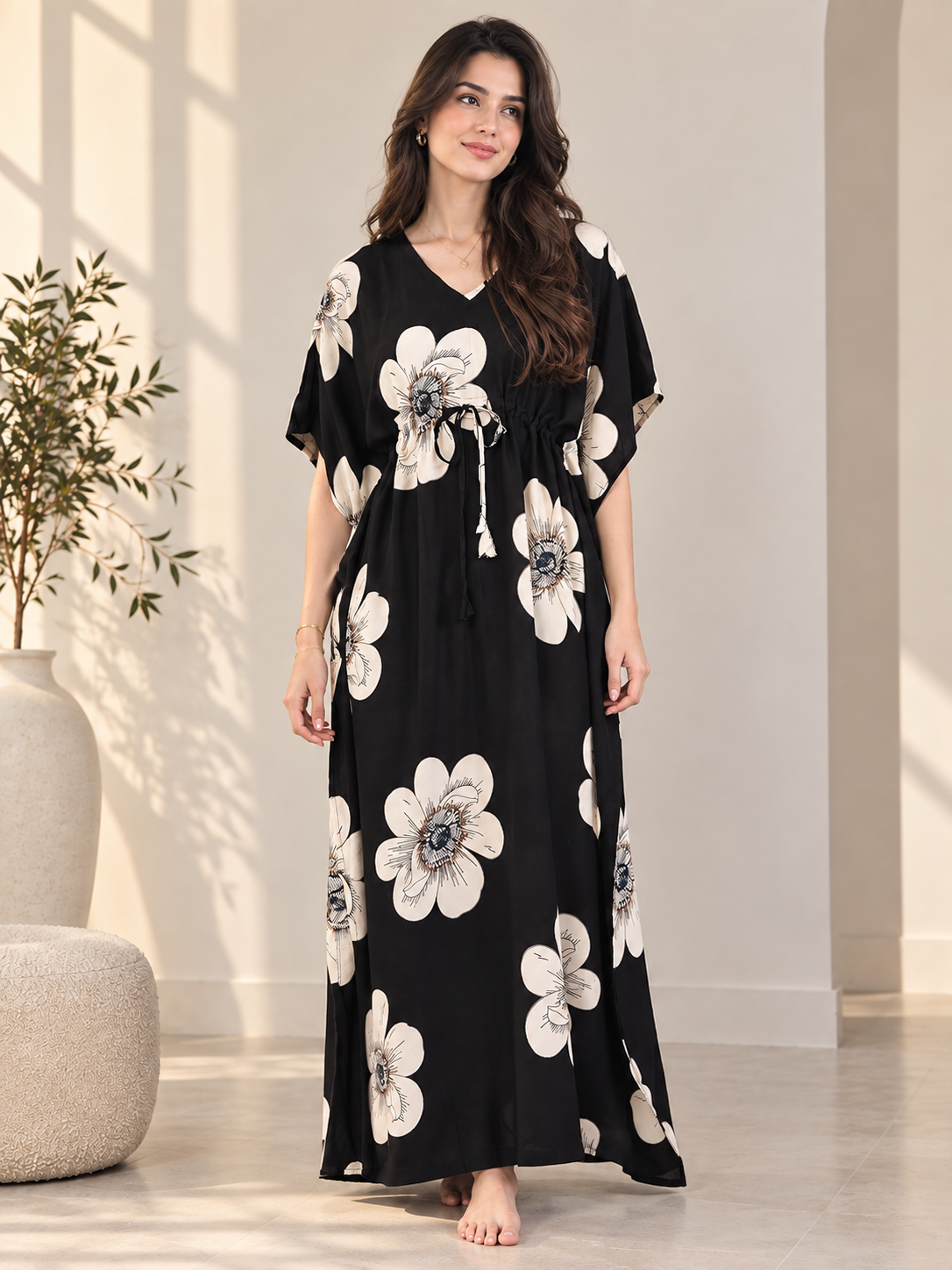 Black Floral Rayon Kaftan for Women | V-Neck | Claura