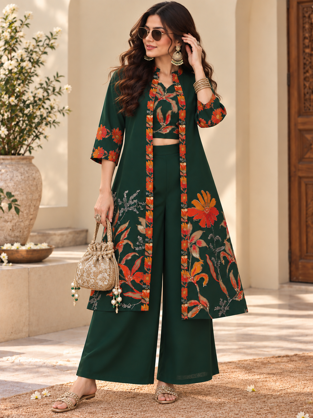 Green Floral Printed Chanderi Silk Co-Ord Set for Women