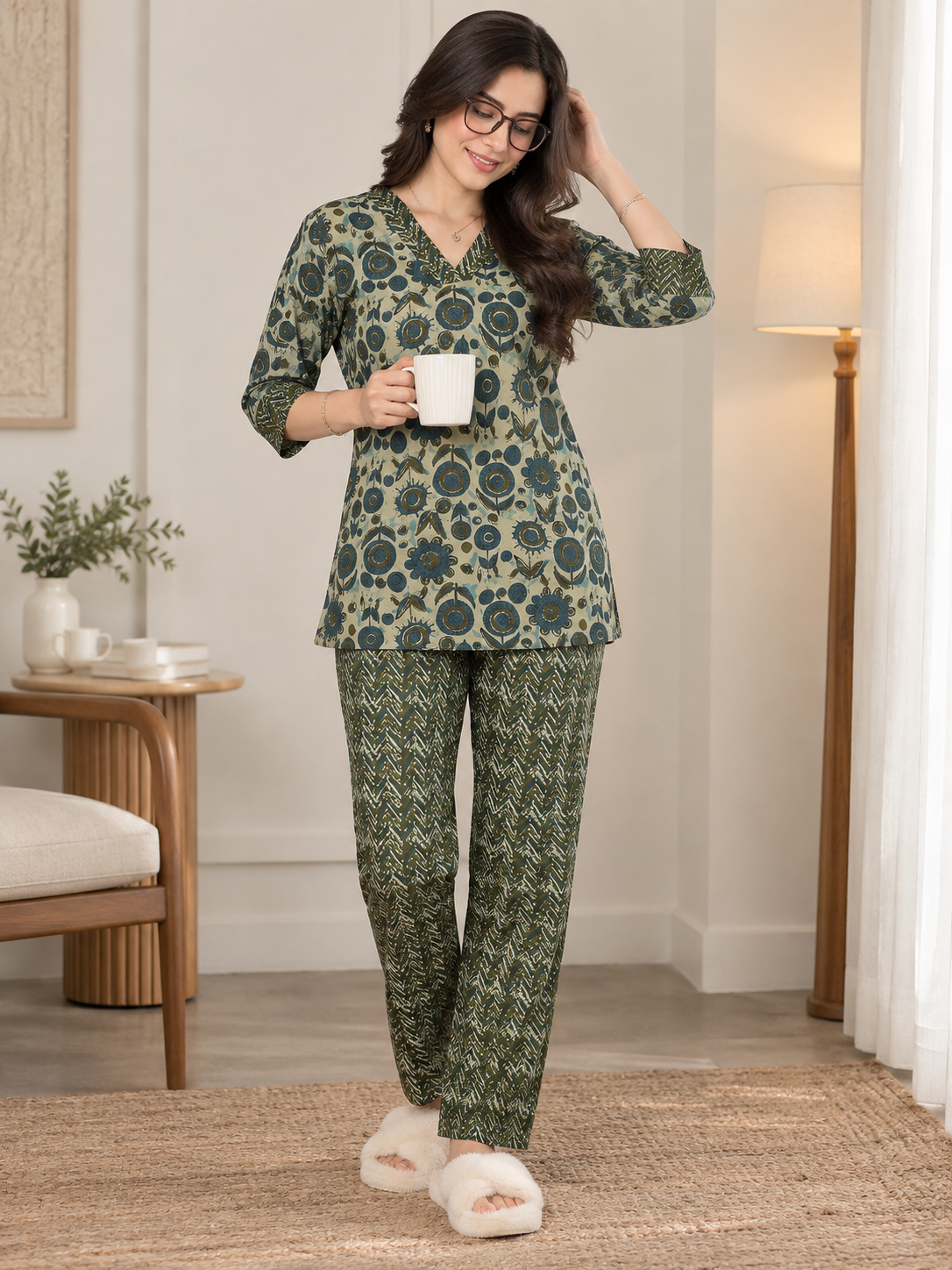 Green Floral Printed Cotton Night Suit Set with V-Neck | Claura
