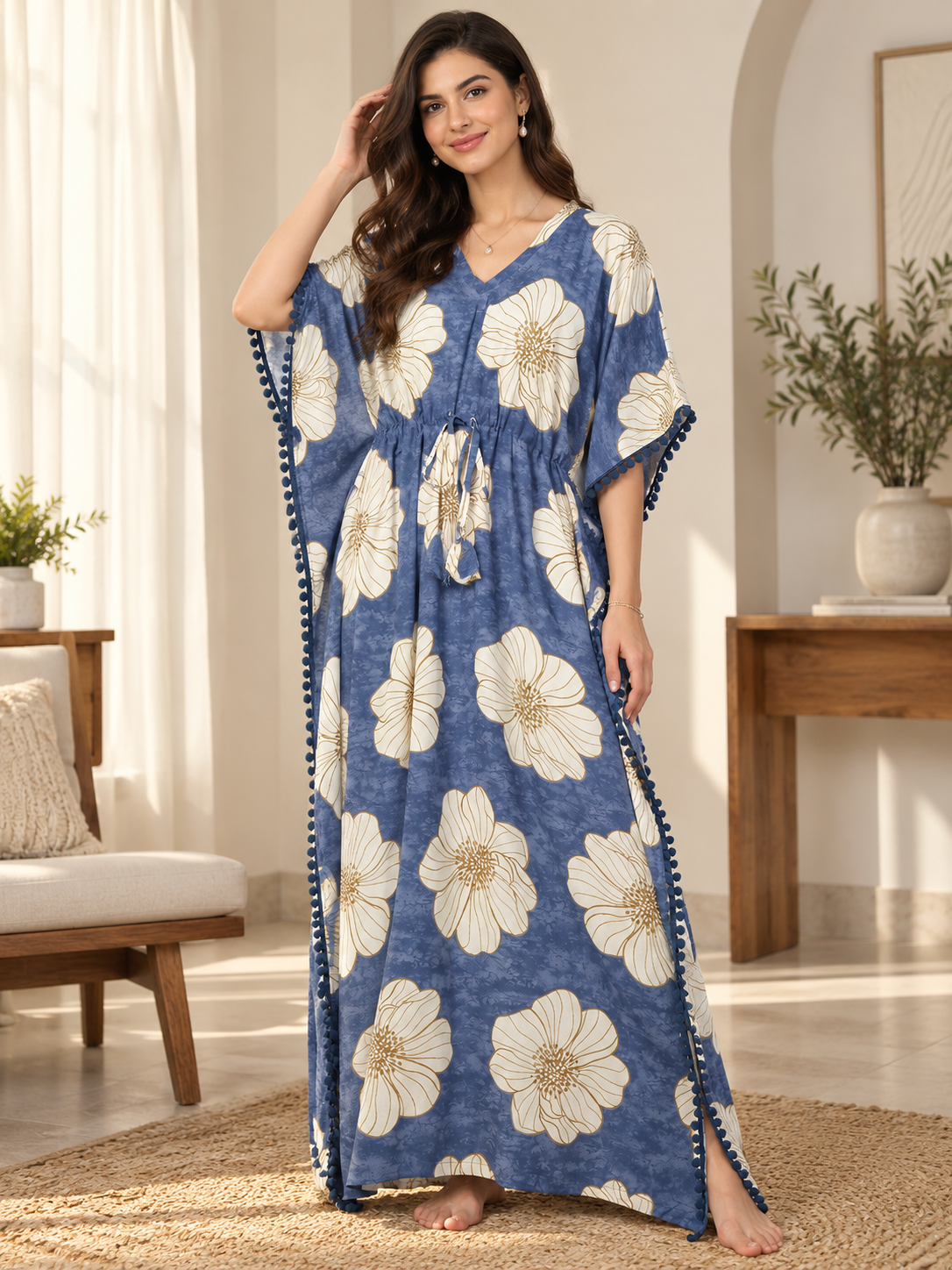 Blue Color Abstract Printed Viscose Rayon Kaftan | Claura