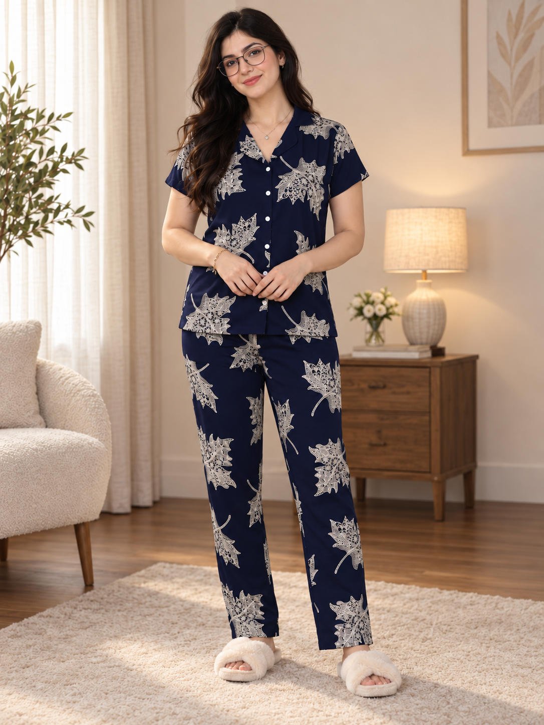 Navy Blue Abstract Viscose Rayon Night Suit for Women | Claura