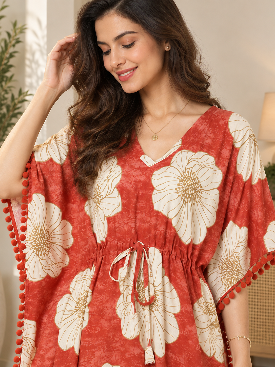 Red Color Floral Printed Viscose Rayon Kaftan | Claura