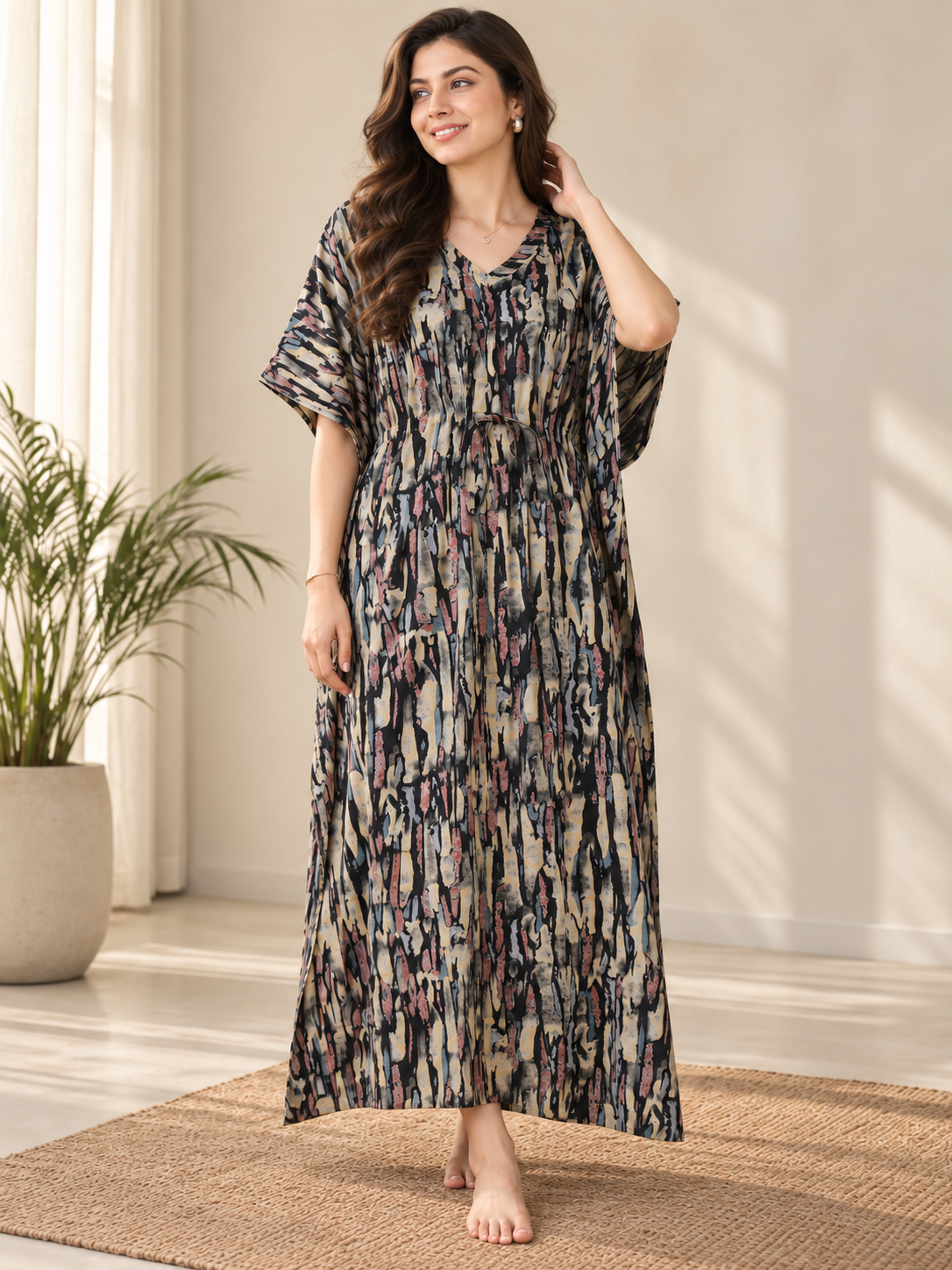 Black Abstract Rayon Kaftan for Women | Short Sleeve