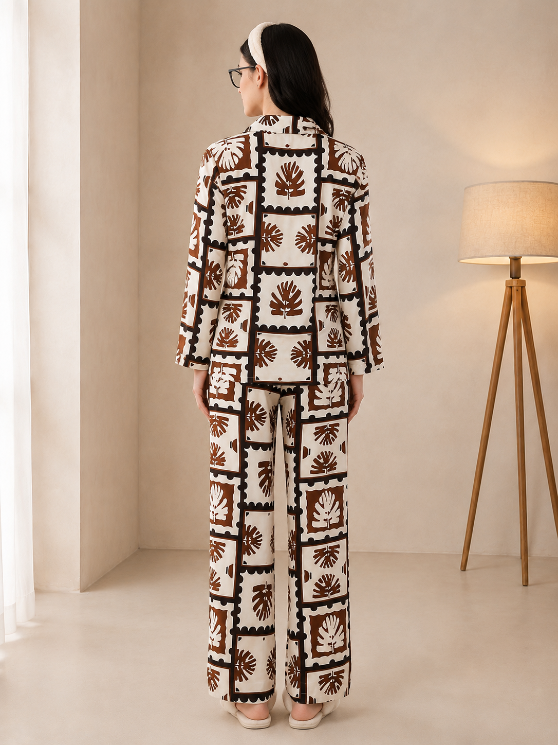 Brown Viscose Rayon Abstract Printed Night Suit for Women | Claura