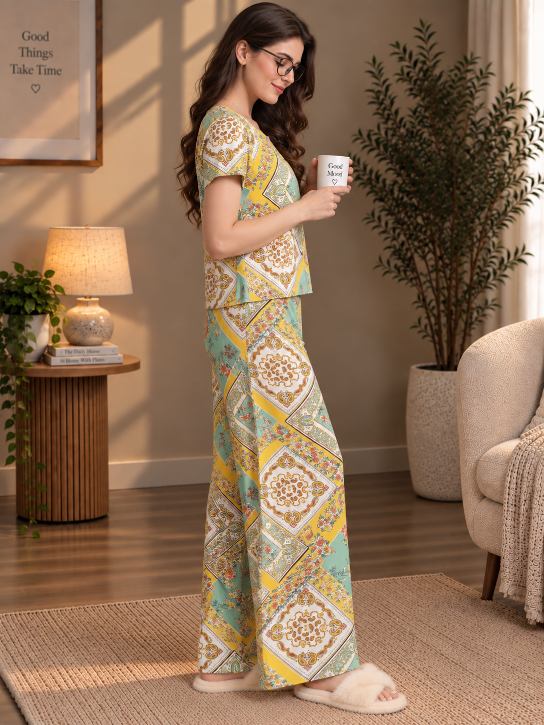 Multi-Color Floral Paisley Viscose Rayon Night Suit for Women | Claura