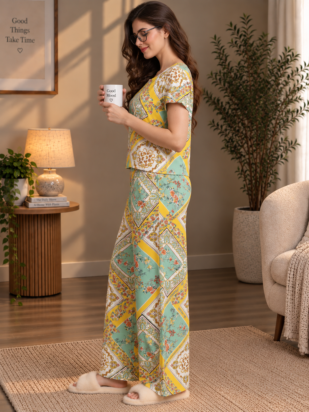 Multi-Color Floral Paisley Viscose Rayon Night Suit for Women | Claura