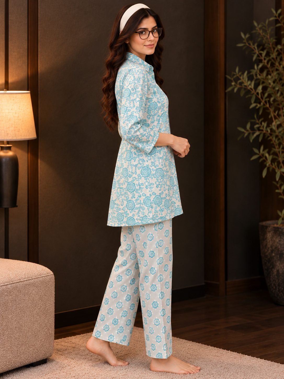 Blue Floral Printed Cotton Night Suit For Women | Claura