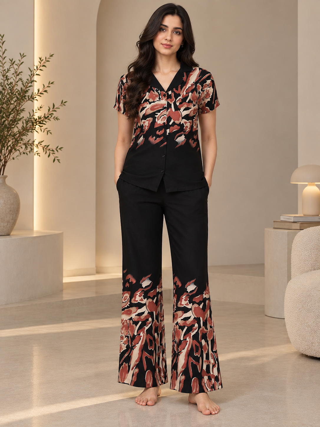 Black Abstract Ombre Printed Rayon Night Suit | Claura