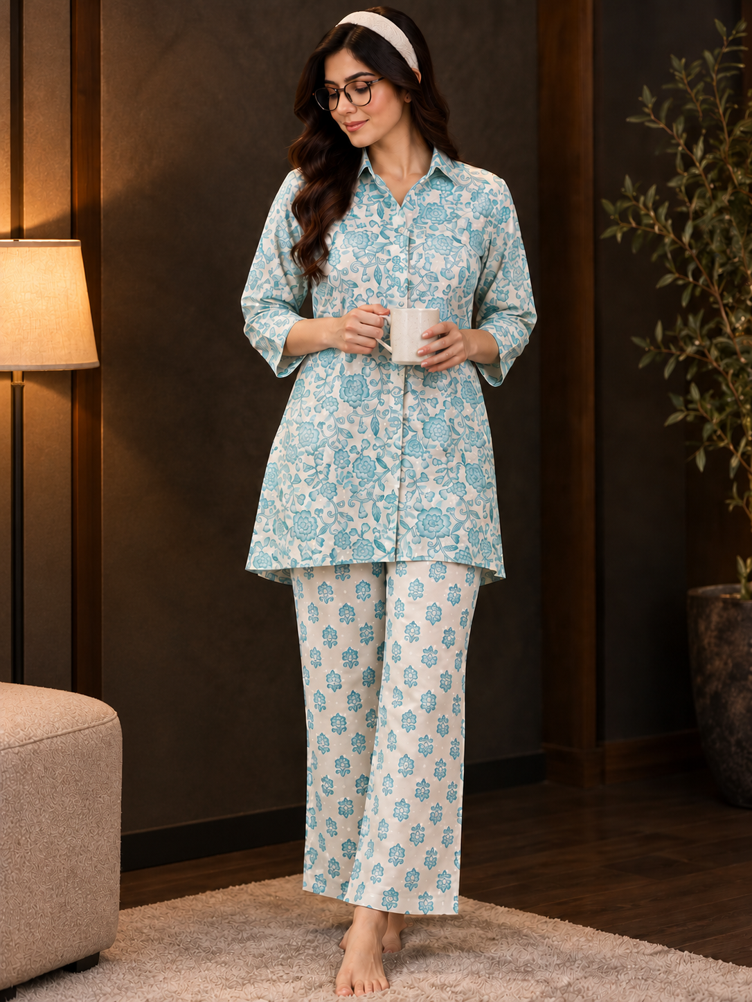 Blue Floral Printed Cotton Night Suit For Women | Claura
