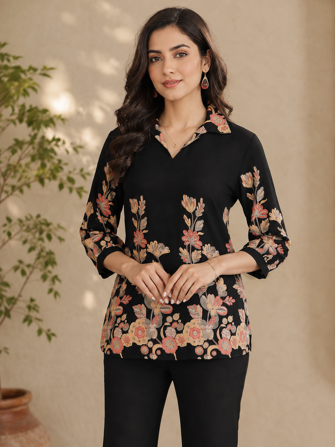 Black Floral Print Top with Flared Trousers Co-ord Set | Claura