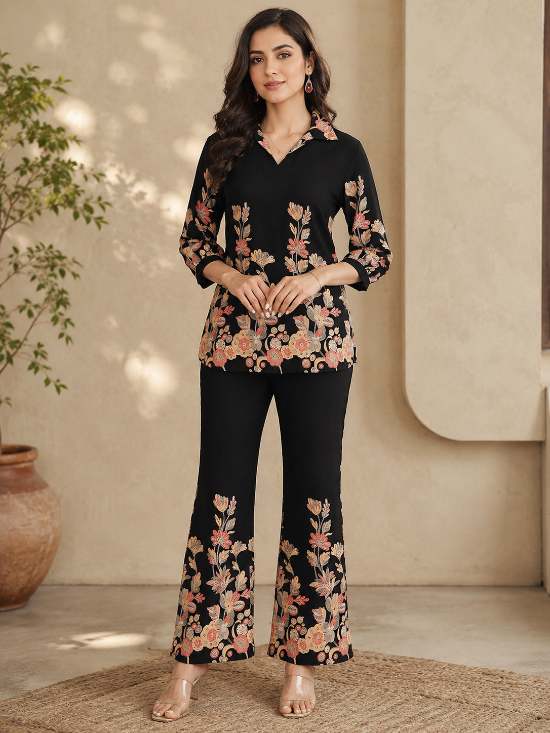 Black Floral Print Top with Flared Trousers Co-ord Set | Claura