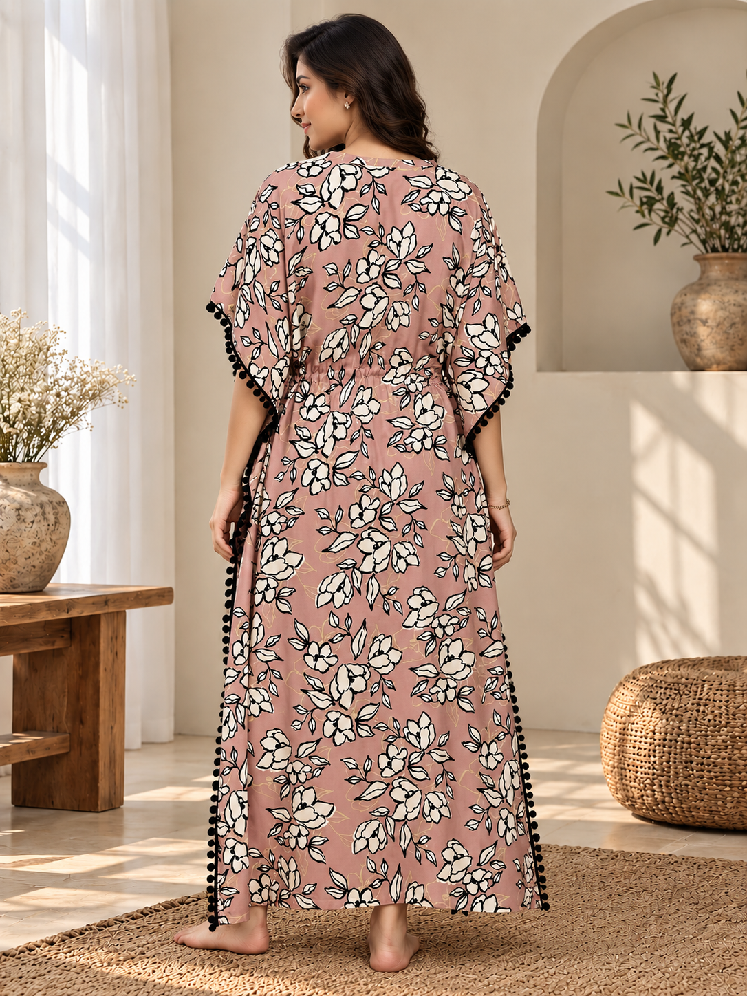 Pink Chanderi Silk Kaftan Dress for Women | Claura