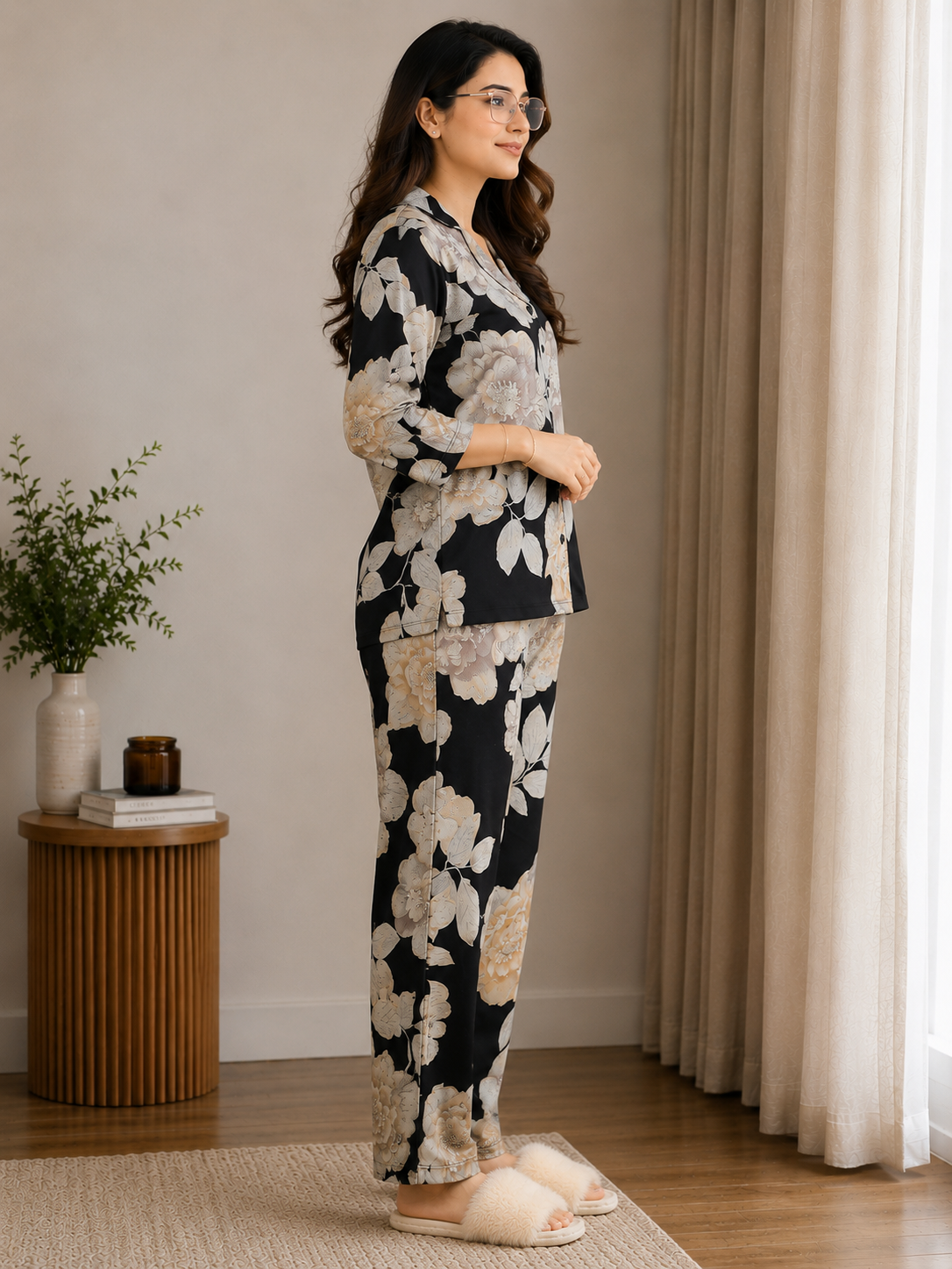 Black Floral Viscose Rayon Full Sleeve Night Suit for Women | Claura