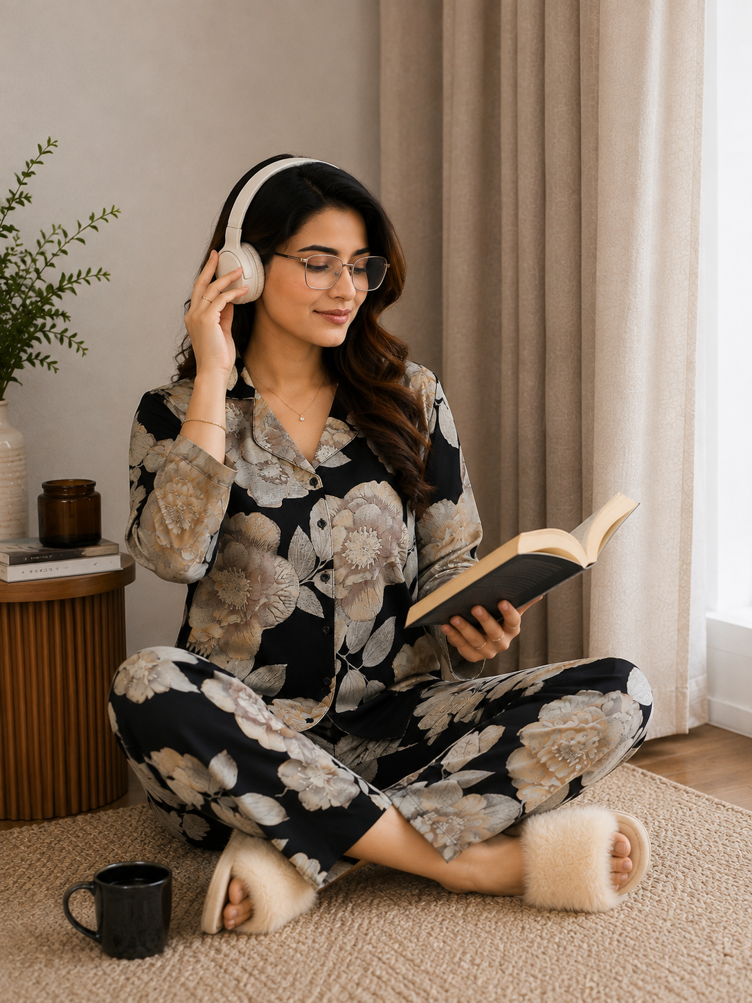 Black Floral Viscose Rayon Full Sleeve Night Suit for Women | Claura