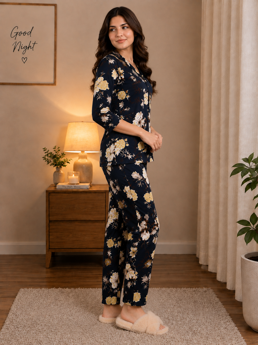 Navy Classic Floral Pure Cotton Night Suit for Women | Claura