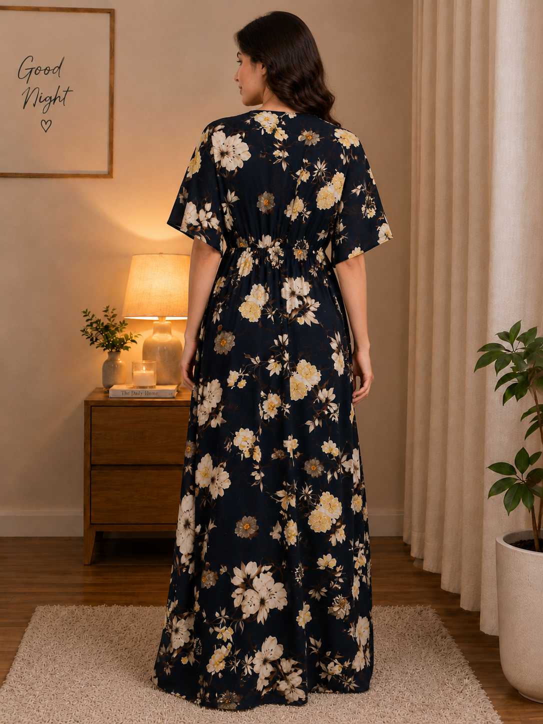 Navy Blue Floral Rayon Kaftan Night Dress | Claura