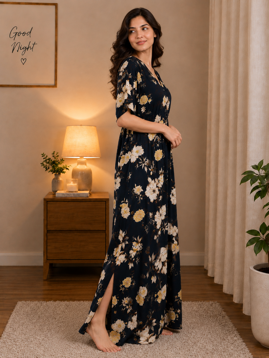 Navy Blue Floral Rayon Kaftan Night Dress | Claura