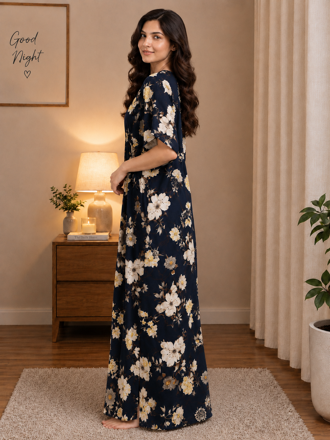Navy Blue Floral Rayon Kaftan Night Dress | Claura