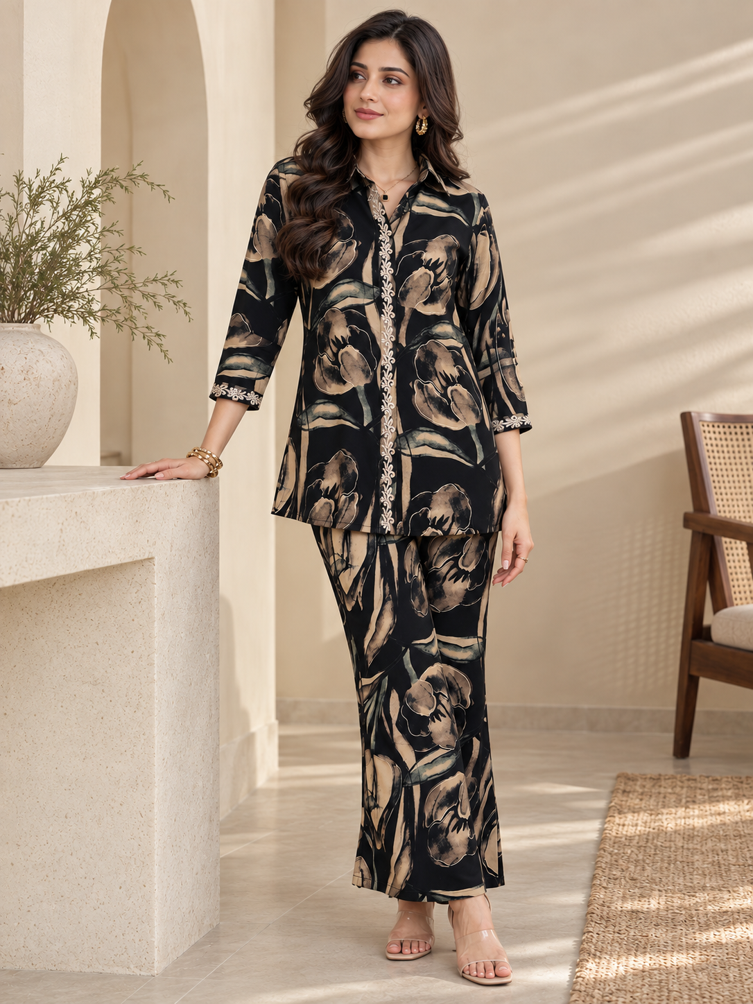 Black Floral Print Shirt Collar Co-Ord Set with Trousers | Claura