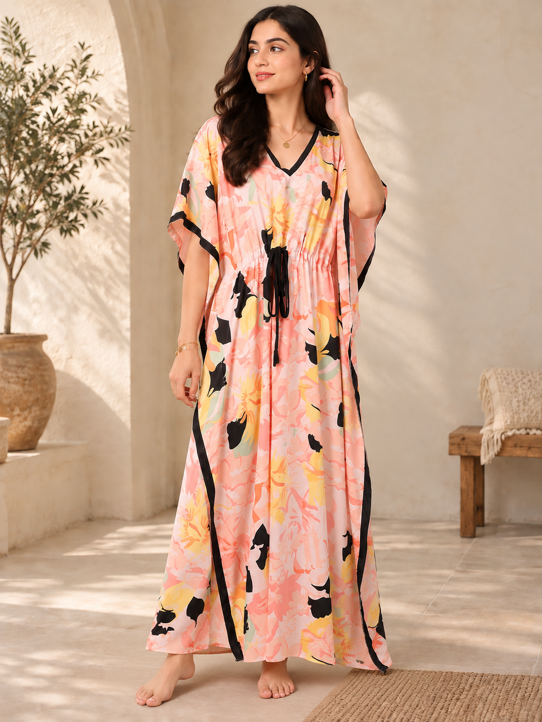 Multicolor Floral Rayon Kaftan Dress for Women | Claura