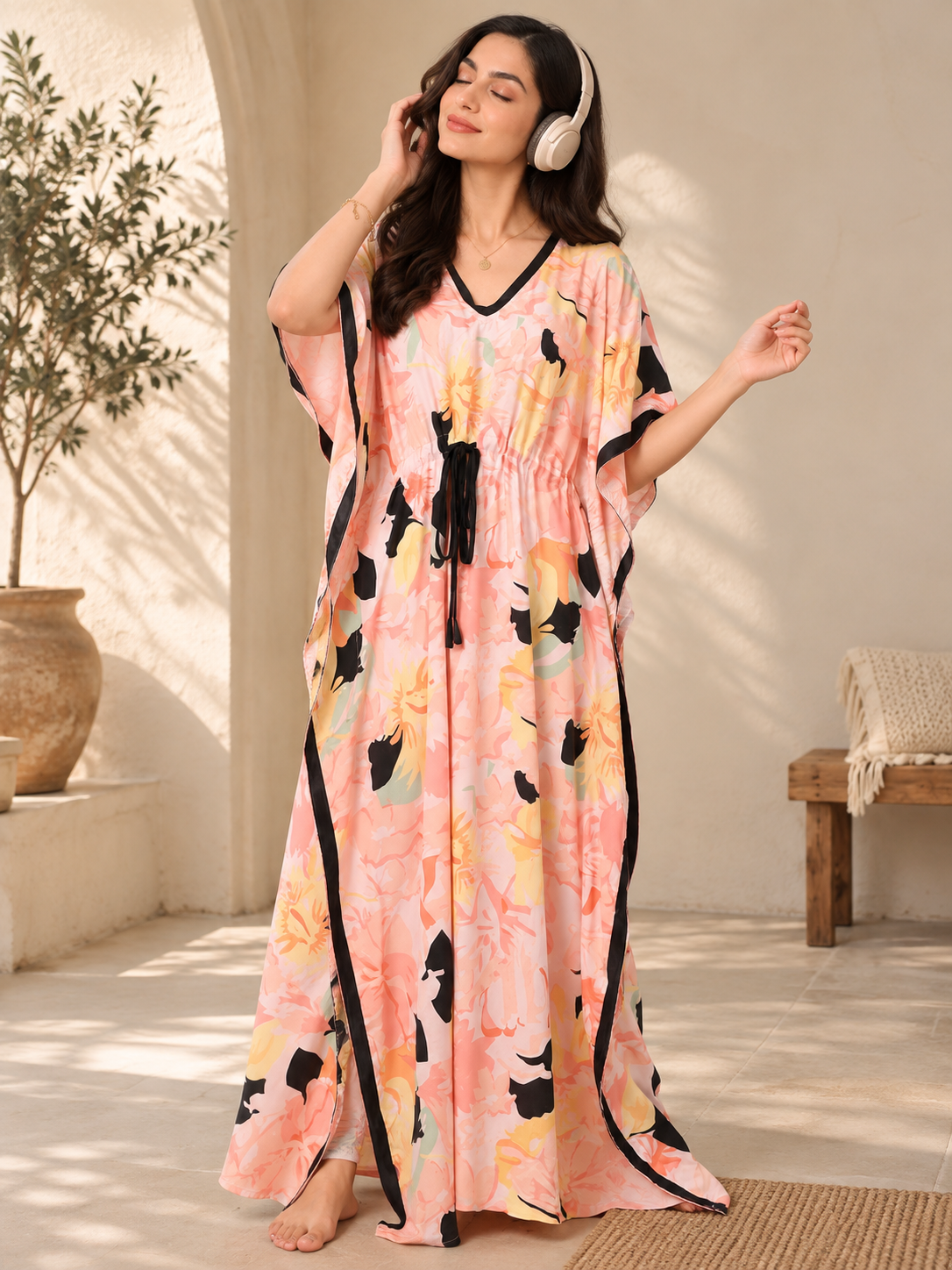 Multicolor Floral Rayon Kaftan Dress for Women | Claura