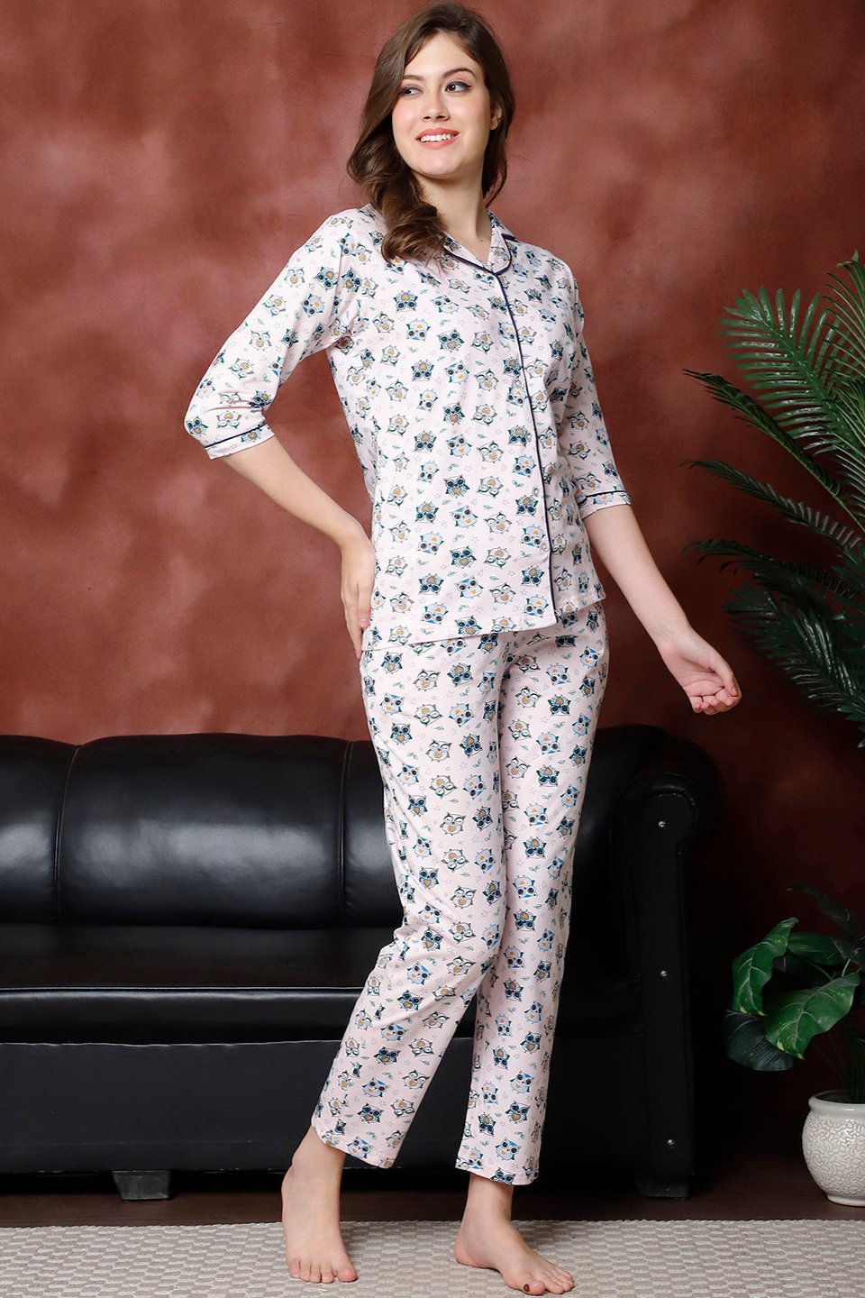 Mauve Color Graphic Printed Pure Cotton Night Suit