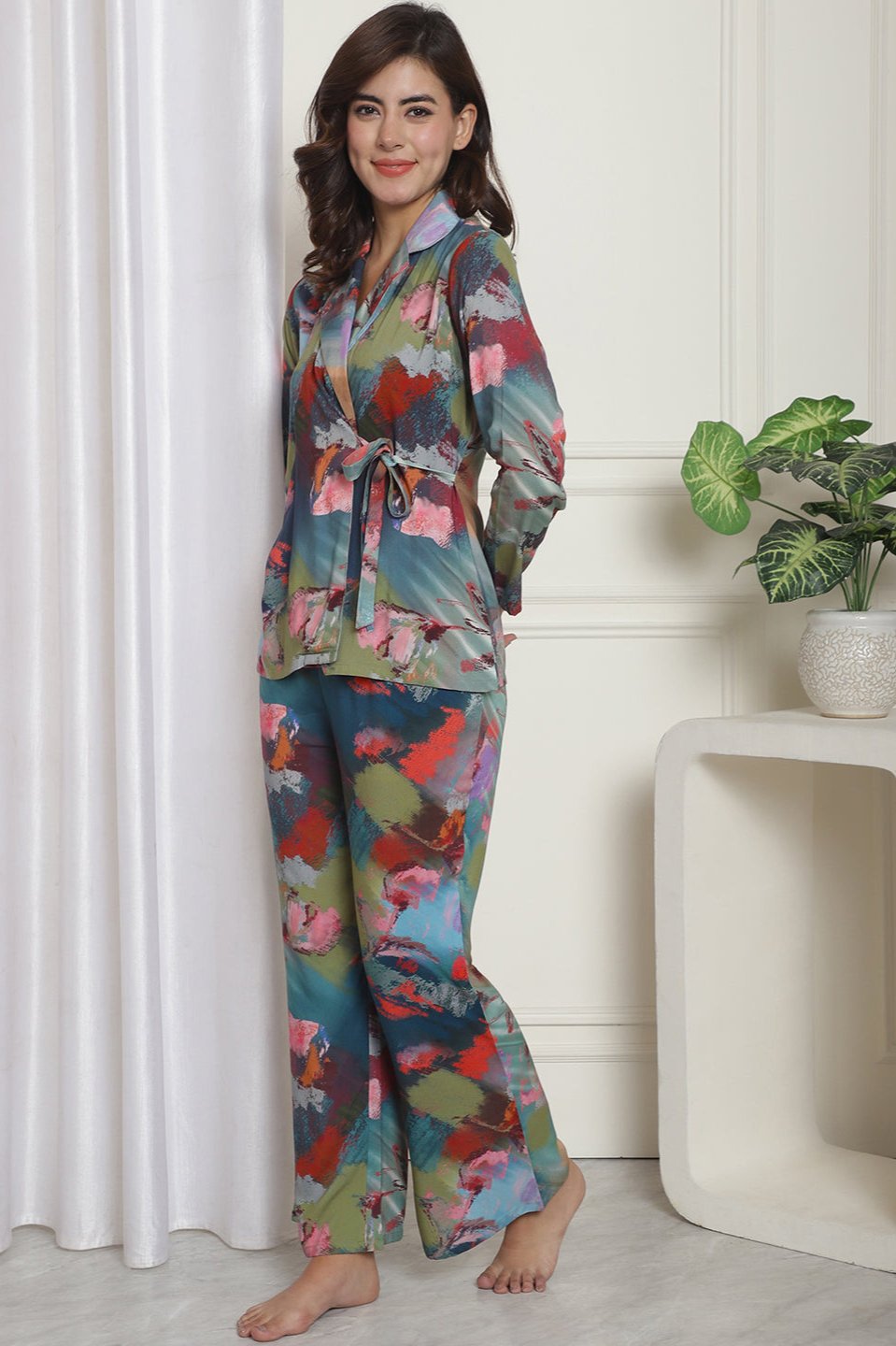 Blue Cotton Night Suit with Short Sleeves and Pockets