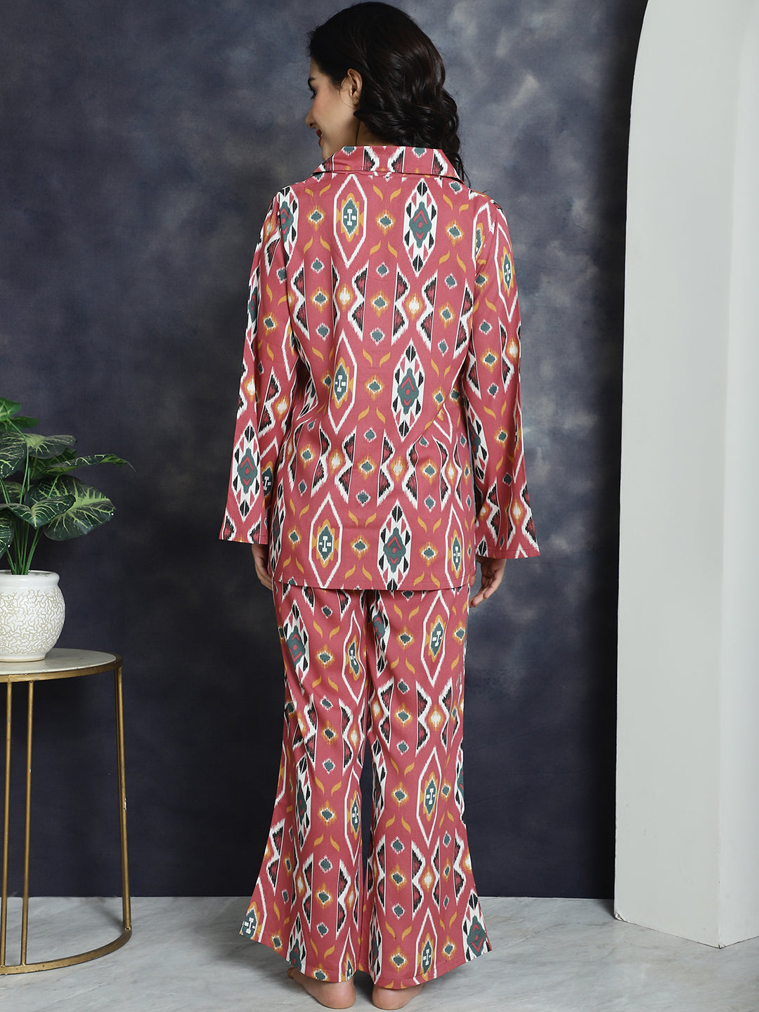 Pink color Abstract Printed Viscocs Rayon Night suit For Women