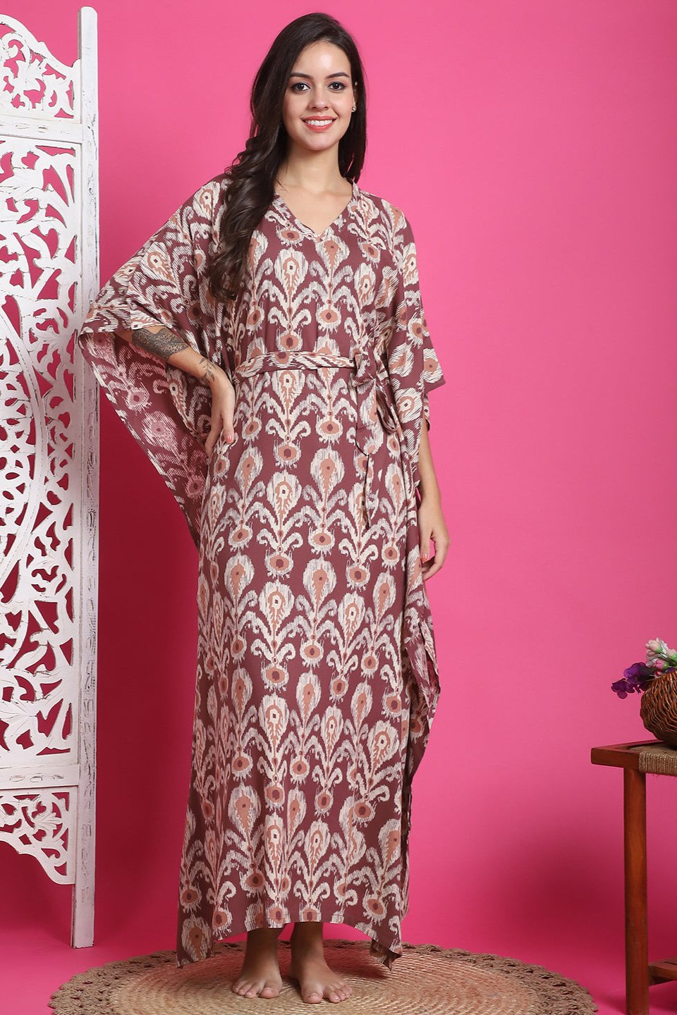 Mauve Color Abstract Printed Viscose Rayon Kaftan For Women