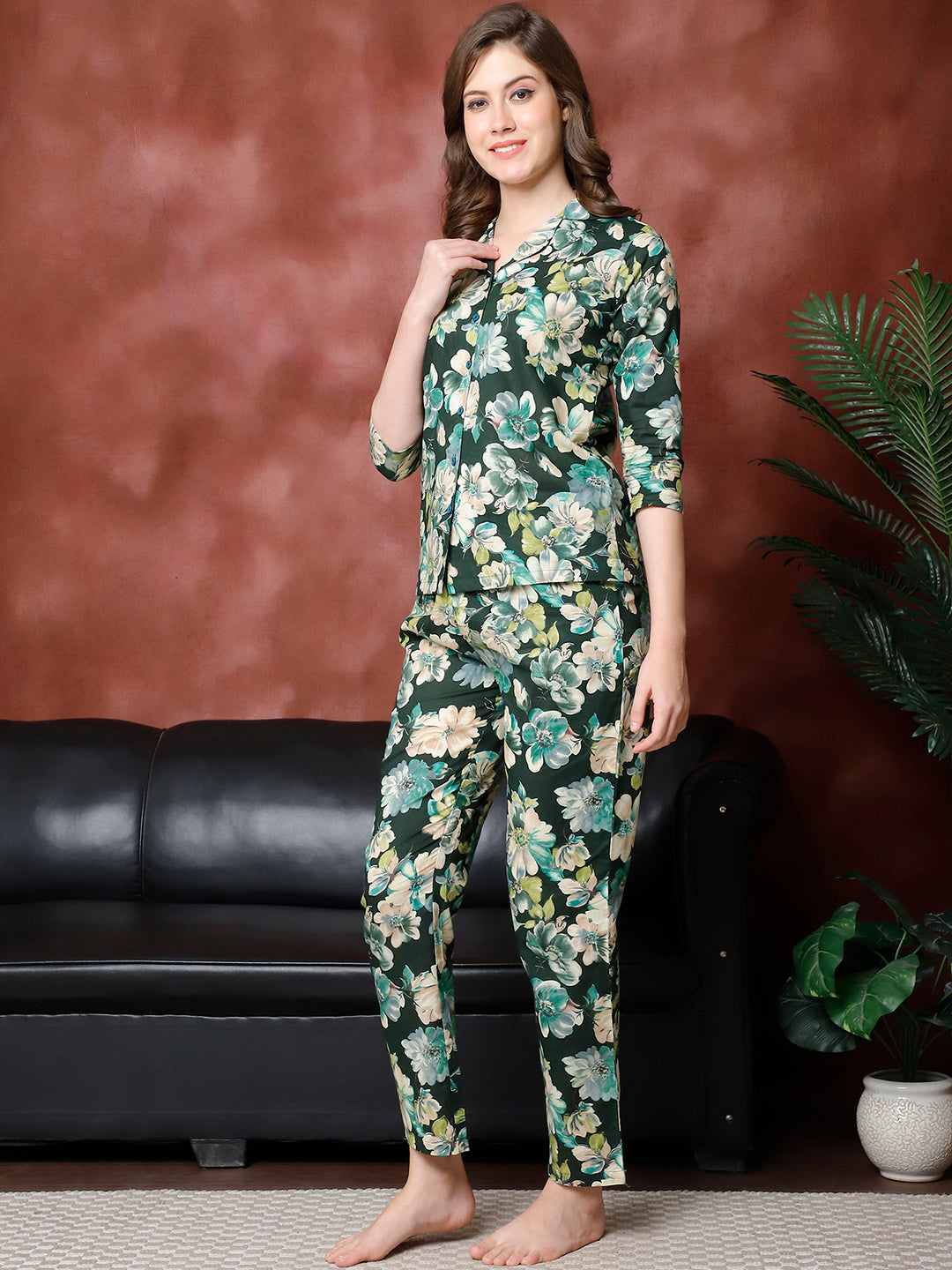 Green Floral Printed Pure Cotton Night Suit for Women by Claura