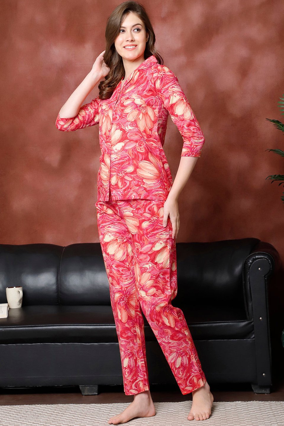 Red Floral Printed Pure Cotton Night Suit for Women by Claura